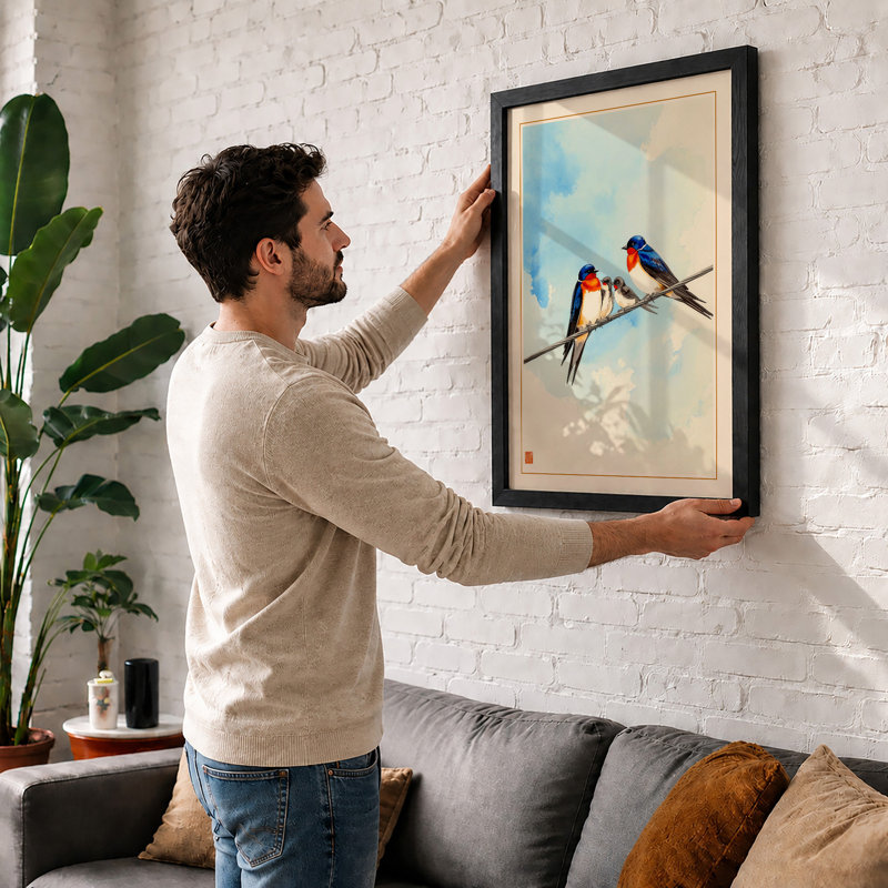 Swallows in Repose Japandi - Framed Print, Unframed, A2 - 59.4 x 42.0 cm