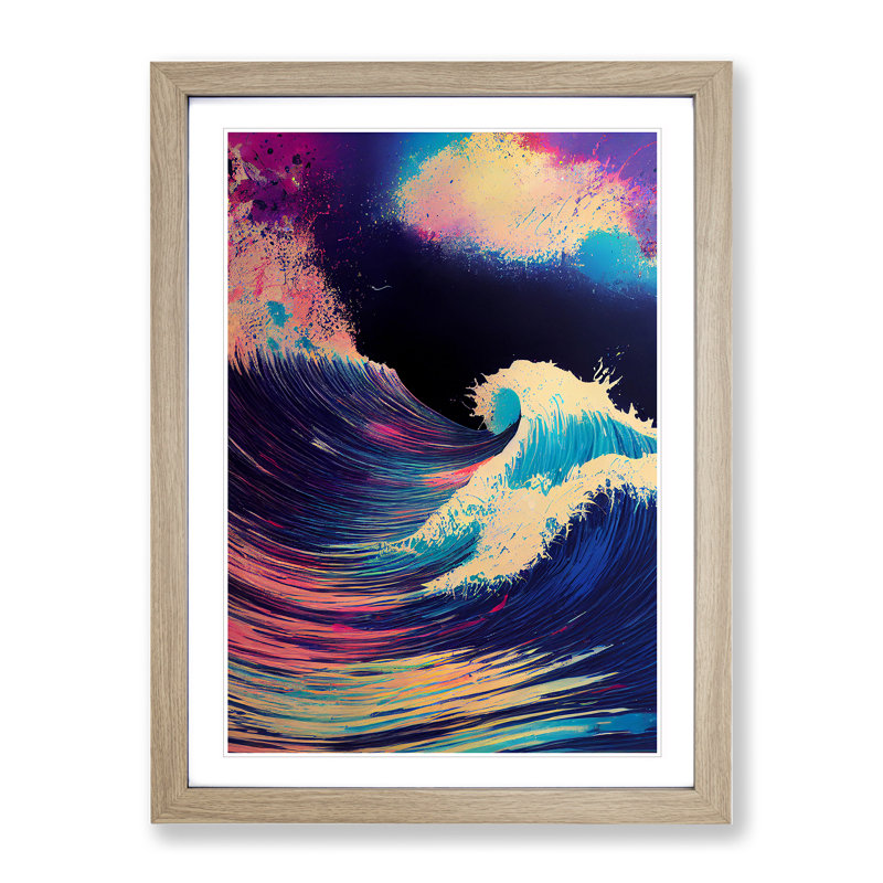 Colourful Ocean Wave No.1 Abstract - Single Picture Frame Print, 34cm H x 25cm W x 2cm D, Oak