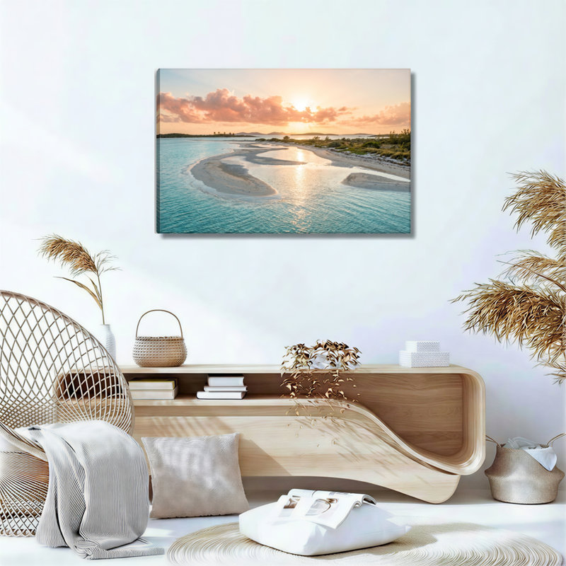 Ensemble de 1 tableau sur toile représentant un coucher de soleil sur la plage, H 24 po x l 36 po, Toile tendue