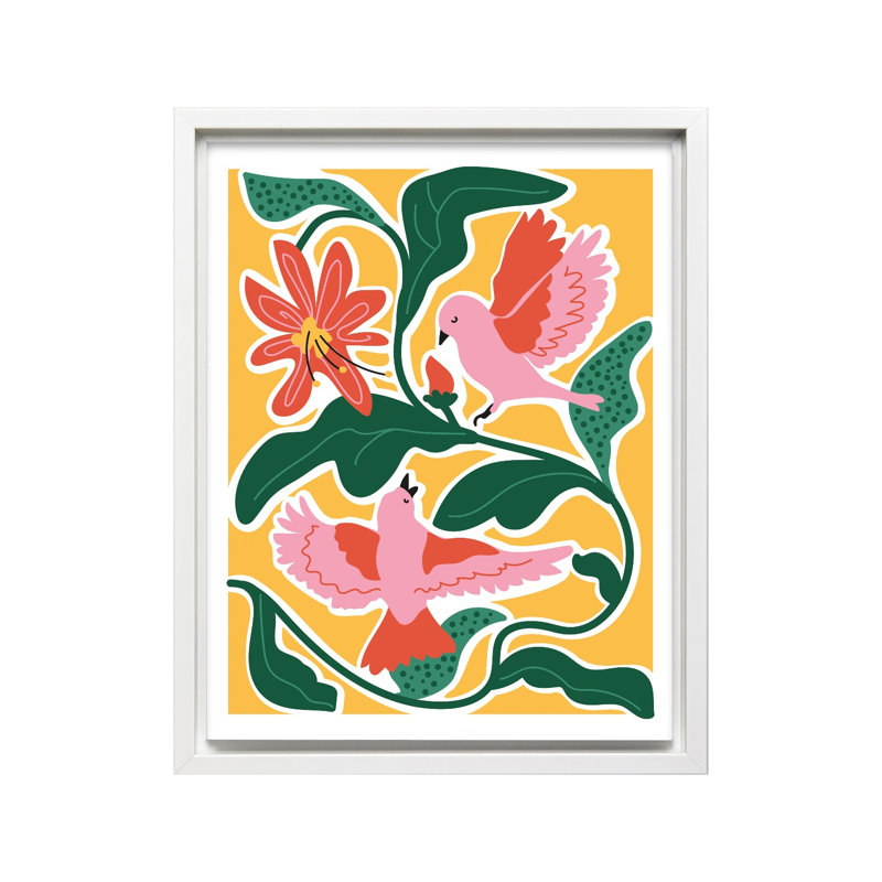 Fleurs et oiseaux, 08"H x 10"W, Canvas, White Framed