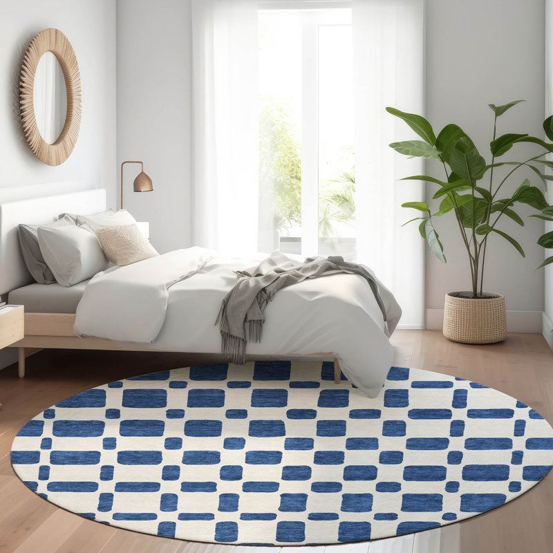 Premium Machine Washable Prisco Navy Rug, Round 8'