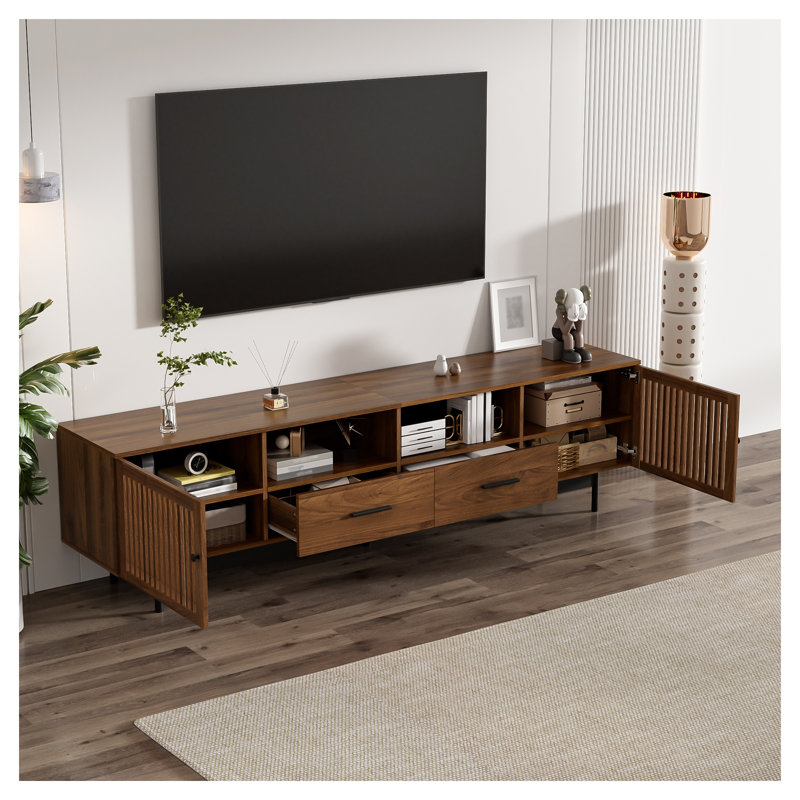 Meuble télé moderne de 78 pouces (198 cm) pour téléviseurs jusqu'à 85 pouces (216 cm), console multimédia avec 2 tiroirs et portes à lattes, fini noyer.