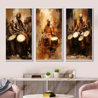 Traditional African Drum Drama - Music Canvas Wall Art Set Of 4