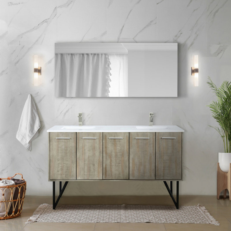Meuble-lavabo double en acacia rustique 60 po X P 20 po D, avec plateau en marbre de culture