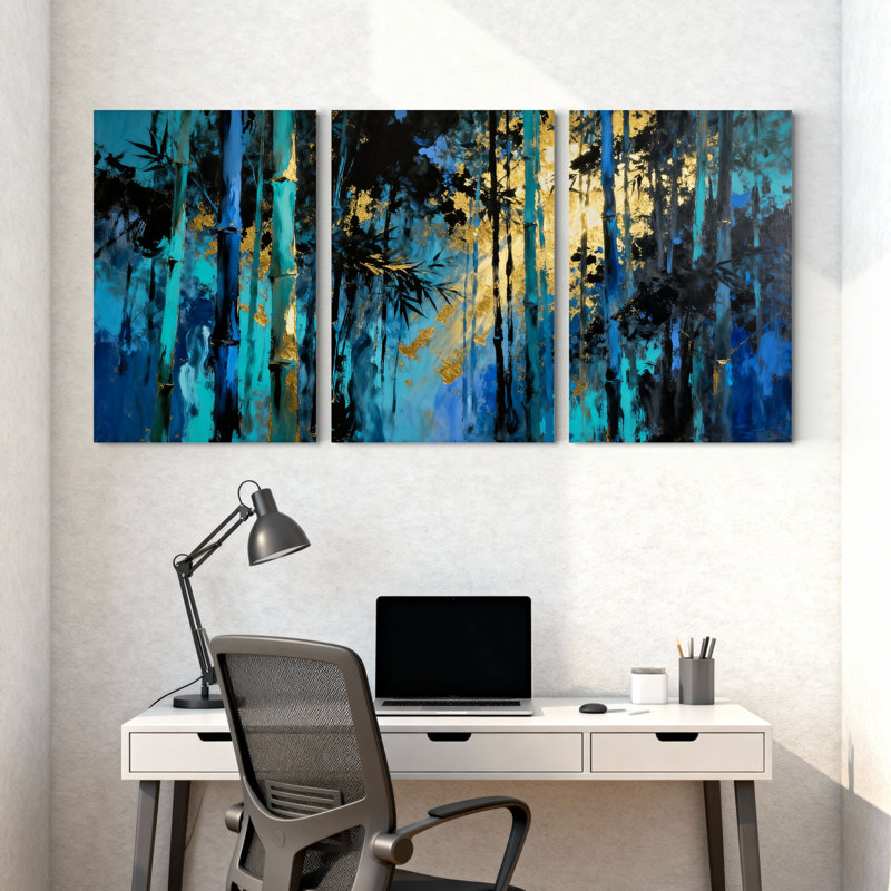 Abstrait bleu forêt de bambou, ensemble de 3 reproductions d'art sur toile, H 18 po x l 36 po