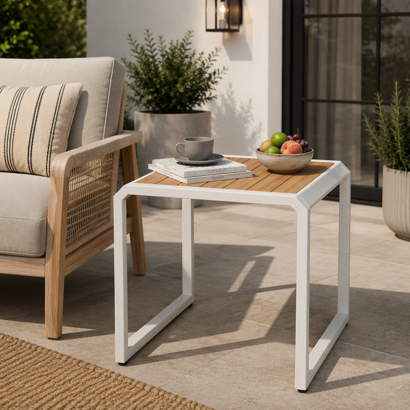 Table d'appoint d'extérieur robuste avec plateau en bois et structure en métal, capacité de 54 kg (120 lb) pour une utilisation en terrasse et à l'intérieur