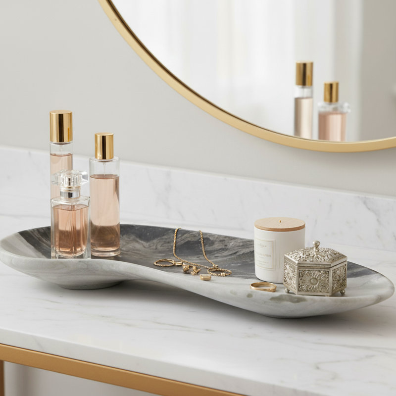 Decorative Curved Marble Tray for Coffee Table Decor - Casual Home Decor Accent Tray for Ottoman, Jewelry, Trinket, or Kitchen Counter - 19", Black