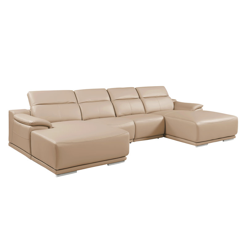Canapé modulaire en U en cuir véritable 4 pièces beige avec appuis-tête réglables - disposition ouverte