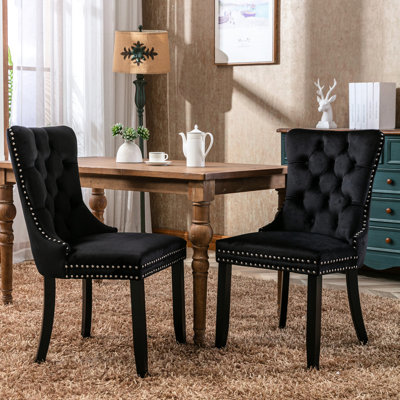 Velvet Upholstered Dining Chair with Wood Legs Nailhead Trim