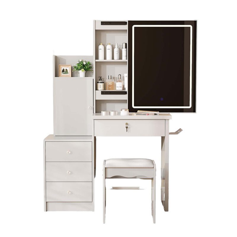 Ensemble de coiffeuse avec miroir coulissant éclairé, coiffeuse à maquillage avec 4 tiroirs et 9 espaces de rangement, compartiments cachés et tabouret rembourré, meuble de beauté pour chambre à coucher