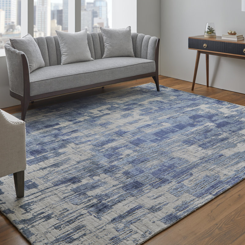 Tapis abstrait en viscose tissé à la main bleu / ivoire, Rectangle 4 pi x 6 pi