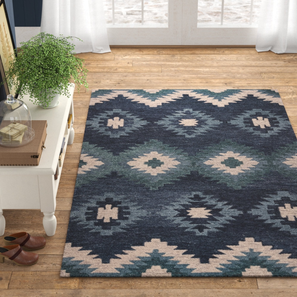 Doretta Blue Hand-Tufted Geometric Wool Rug, Rectangle 8' x 10'