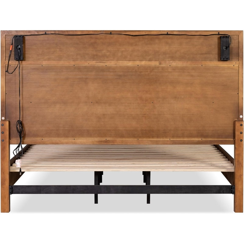 Mid-Century Modern Queen Size Bed W Storage Drawers Walnut Solid Wood Upholstered Hb Reading Light Bedroom Furniture, King