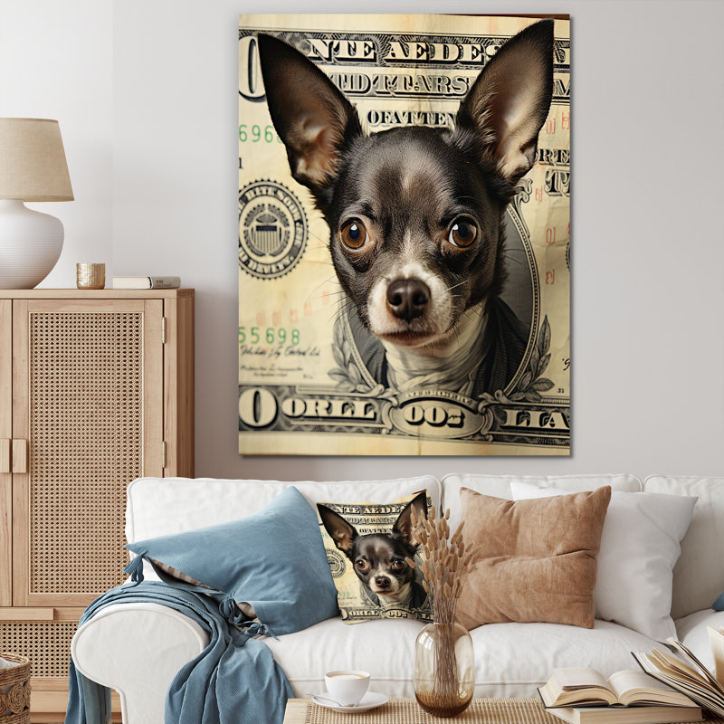 «Little Dog on Dollar Bill» - Impression, H 40 po x l 30 po x P 1,5 po, Toile tendue