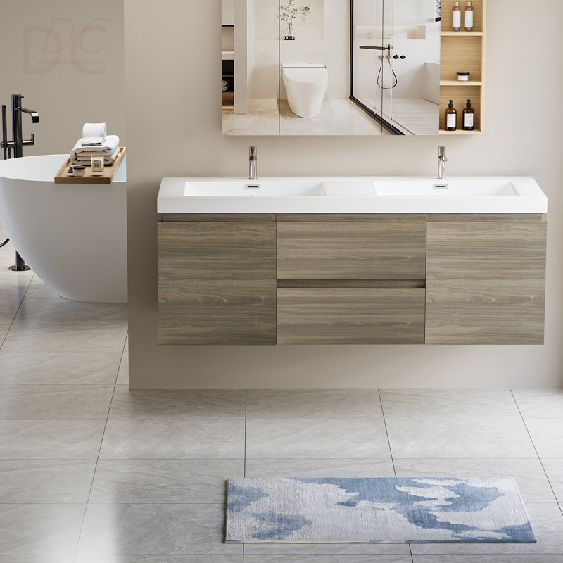 Meuble-lavabo flottant de 60 po avec lavabo, armoire de rangement murale avec lavabo à surface solide, deux lavabos et tiroirs à fermeture en douceur entièrement assemblés