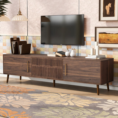 Meuble télé Mid-Century avec 2 tiroirs, console multimédia pour téléviseur de 80 po ou moins, centre de divertissement avec rangement pour le salon, la chambre à coucher et le cinéma maison