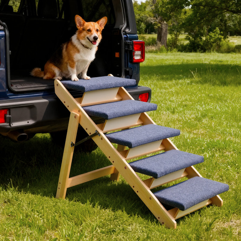 Wood Pet Stairs, 5-Step Dog Stairs for Beds, Sofa & Cars, 68 kg Load Capacity, Floded Flat Design, Stable & Sturdy Cat & Dog Step Ladder for Small Medium Large Older Pet Puppy Essentials