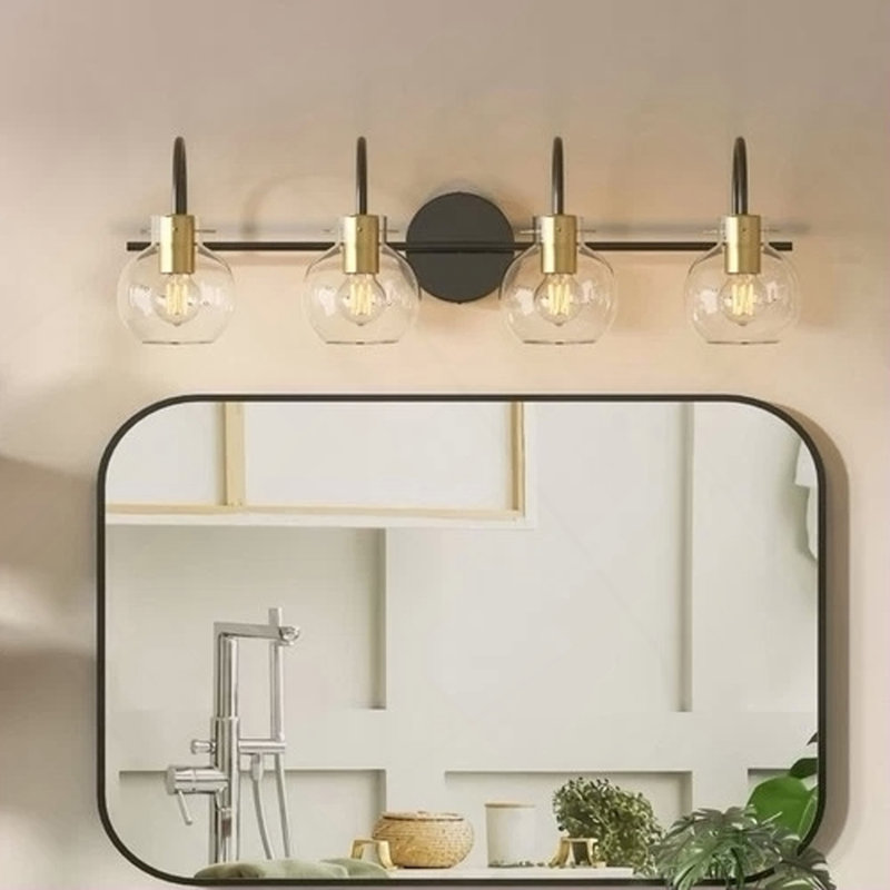 Luminaire de salle de bain moderne avec appliques murales noires sur miroir 4 lumières