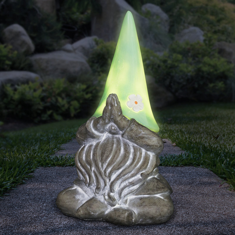 Solar Powered Resin Meditating Gnome with LED Hat, 11 Inch