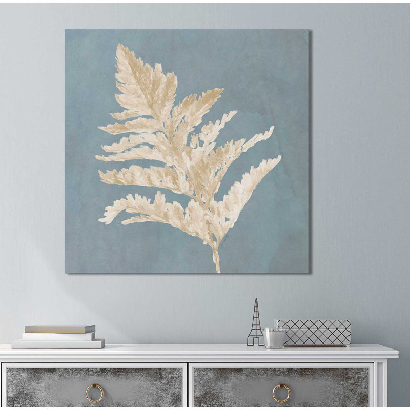 " Tan Leaf On Blue Square II " by Lanie Loreth, 18" H x 18" W x 1" D, Wrapped Canvas