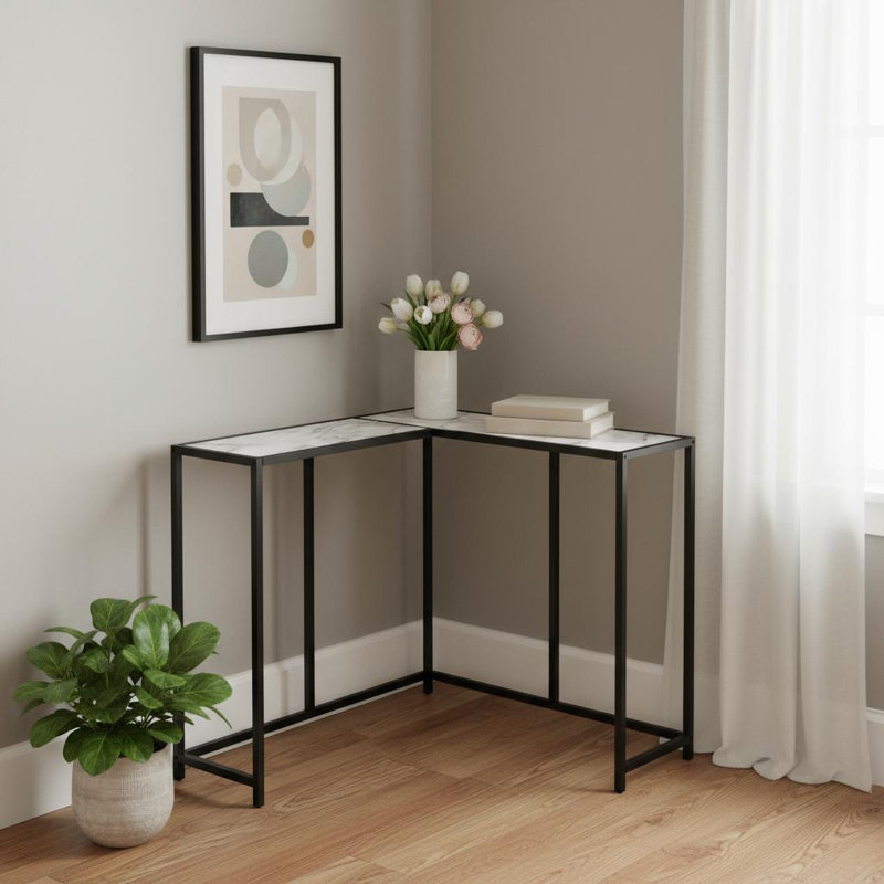 Table console de 91 cm (36 po) avec structure en bois et métal imitant le marbre blanc et noir