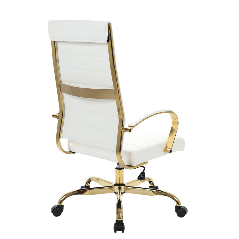 Mid-Century High-Back Swivel Office Chair in White Leather