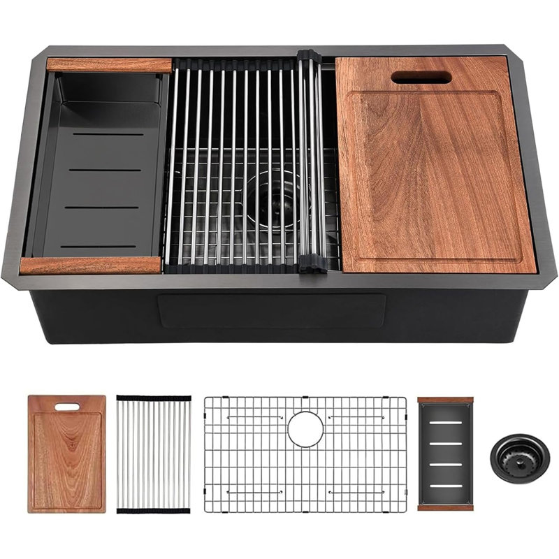32 Gunmetal Black Undermount Workstation Kitchen Sink-32 X 19 Inch 16 Gauge Stainless Steel Undermount Kitchen Sink, Handmade R10 Radius 10 Inch Deep Undermount Single Bowl Sink With Accessories