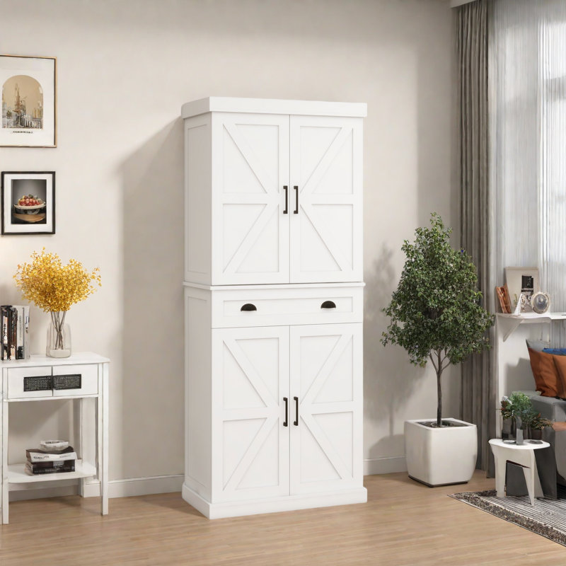 Armoire de rangement pour garde-manger de 71 po avec 4 portes (2 portes avec supports), 1 tiroir, 2 tablettes réglables, armoire autoportante pour la cuisine, la salle à manger et le salon - blanc