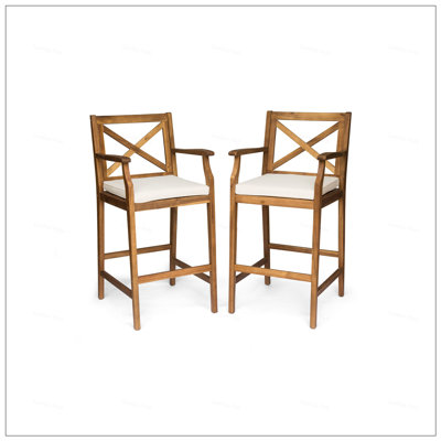 Outdoor PERLA Barstool With Acacia Wood, Cross-Back Design, And Water-Resistant Cushions For Durable Patio Seating
