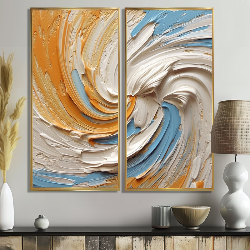 Or éternel tourbillon III - abstrait spirales murales 2 panneaux, 20" H x 24" W, Impression encadrée flottante, Gold
