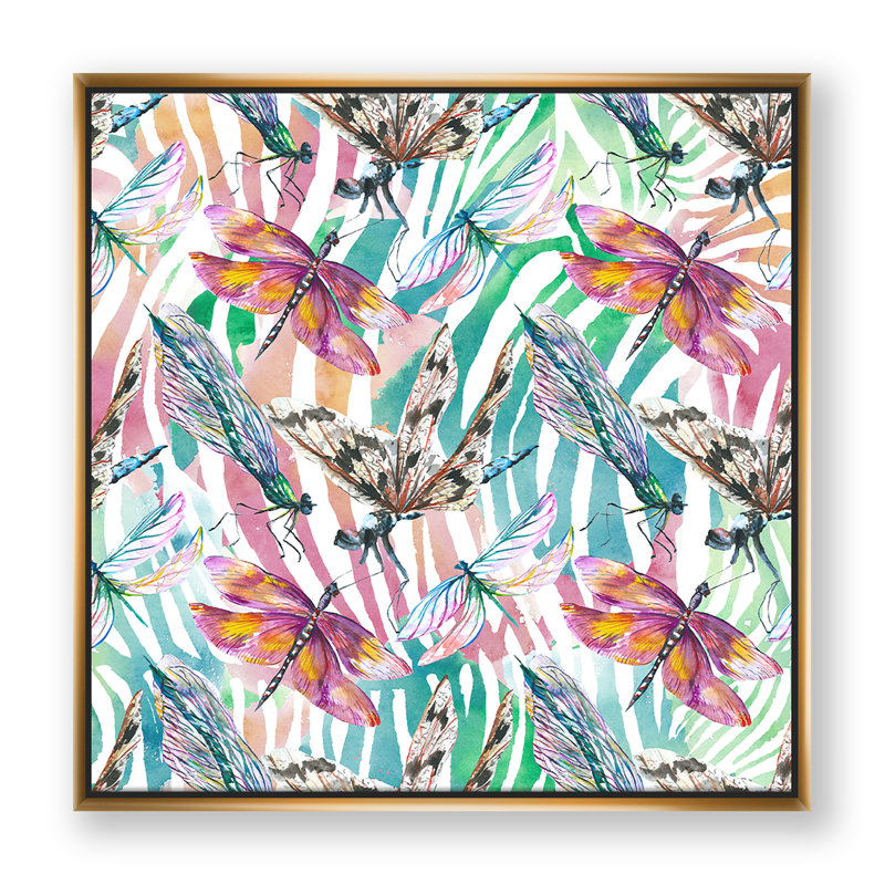 Libellule exotique sur fond tropical - reproduction d'art sur toile, H 16 po x l 16 po x p 1 po, Toile encadrée d'or