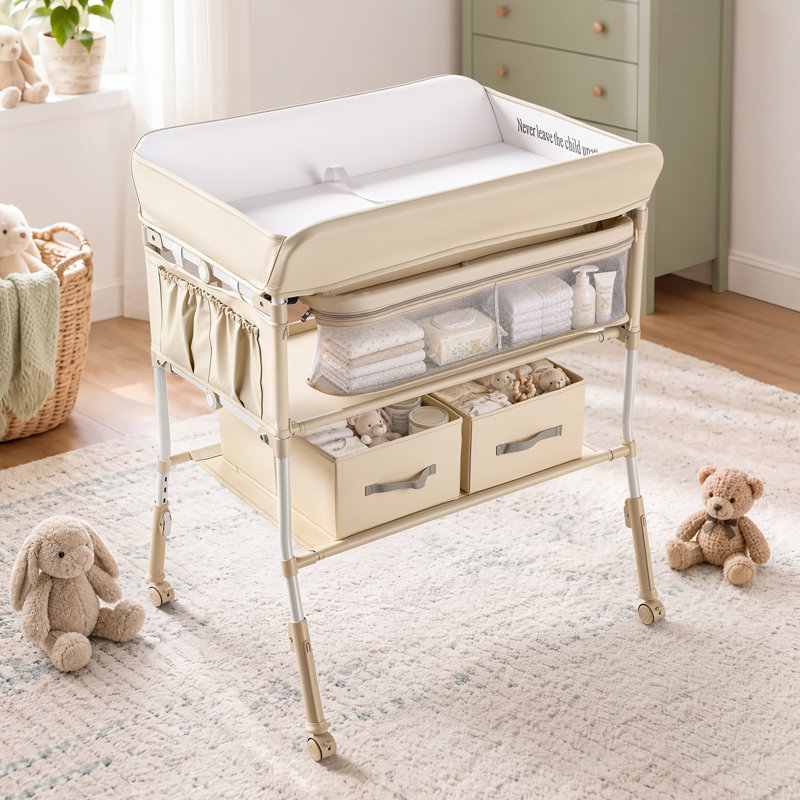 Table à langer pour bébé, poste de change portable et pliable avec hauteur réglable et surface imperméable, Beige