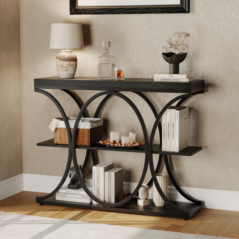 Table d'entrée industrielle à 3 niveaux avec structure en métal de forme ovale et pieds réglables, console de canapé de 39 po