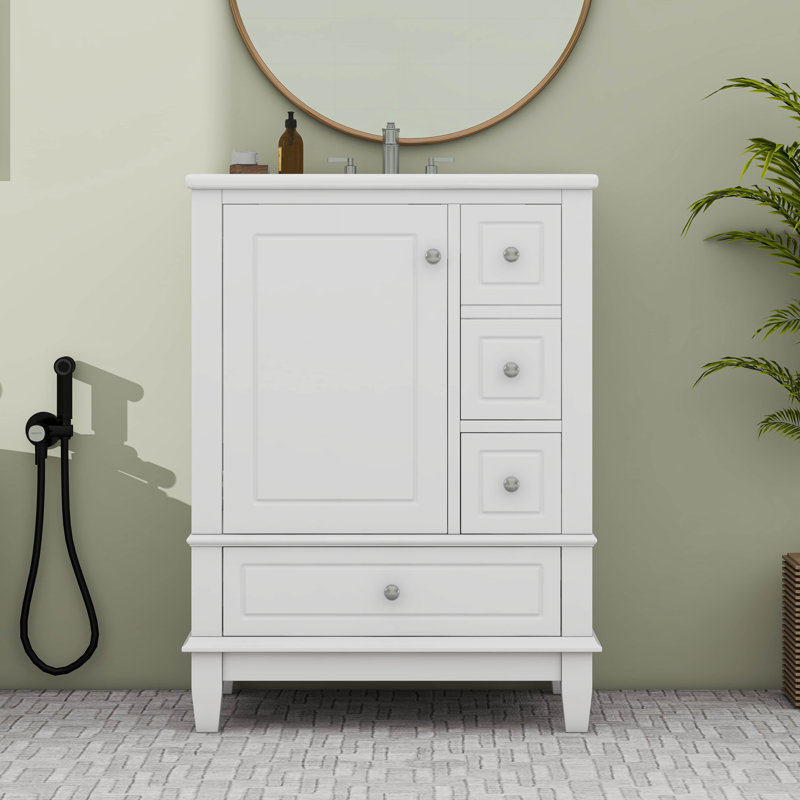 24" Bathroom Vanity With Sink And Drawers, Ceramic Top And Storage Shelves, White