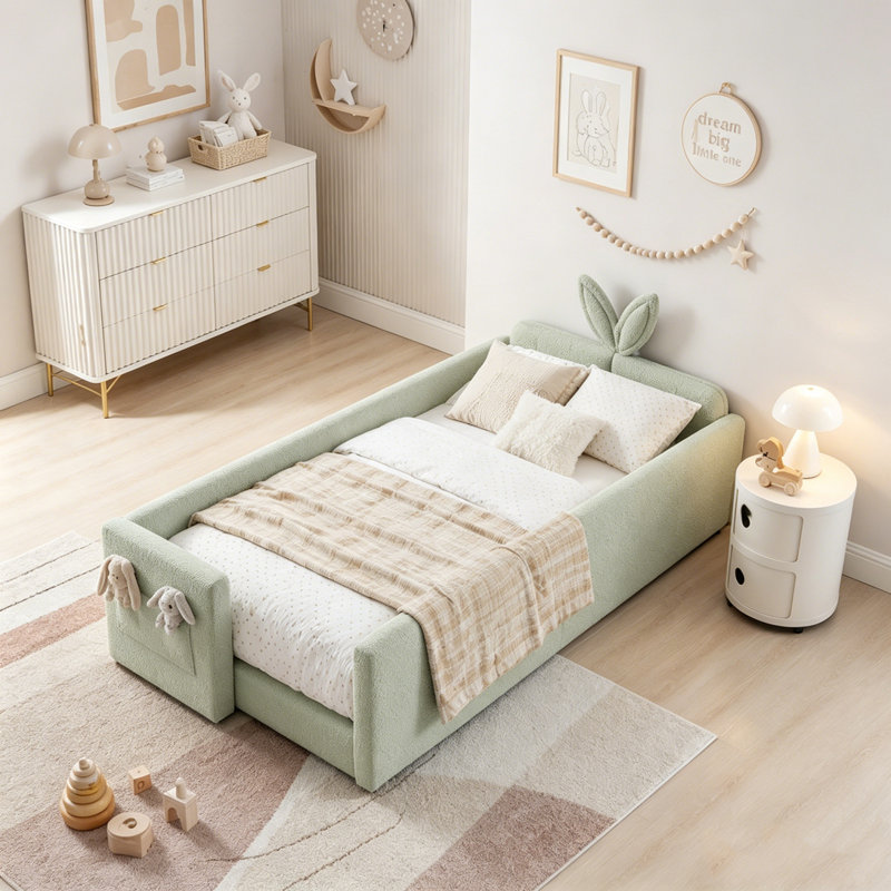 Lit plateforme simple avec tête de lit pour oreilles de lapin, barrière de sécurité et poche de rangement, Cyan
