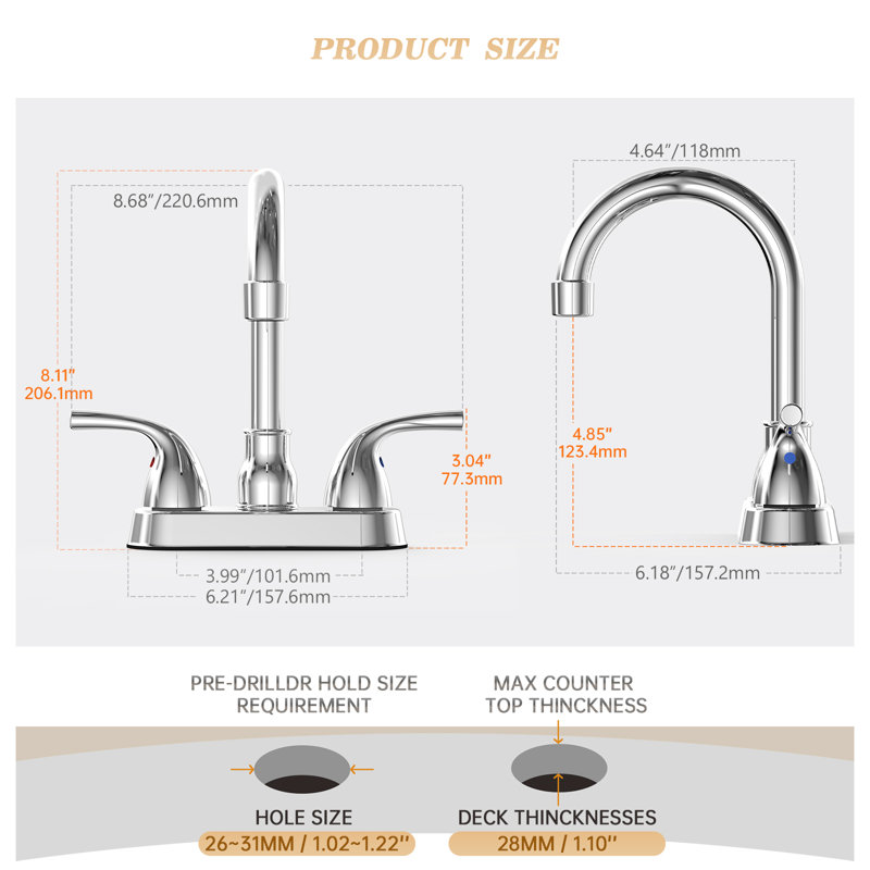 Chrome Farmhouse 4 Inch 2 Or 3 Hole Bathroom Sink Faucet,2 Handles Centerset Vintage Bathroom Faucet,With 360 Swivel Spout, Metal Pop-Up Drain And Water Supply Lines
