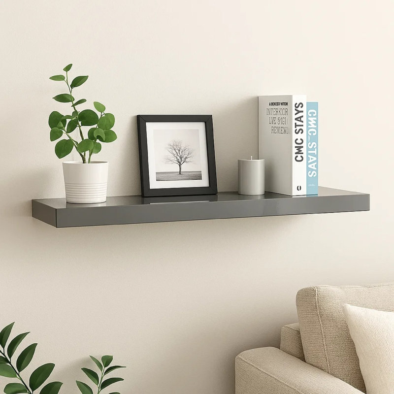 Tablette murale Zyno, 32 po, structure en bois aggloméré gris brillant, design moderne, Gris lustré