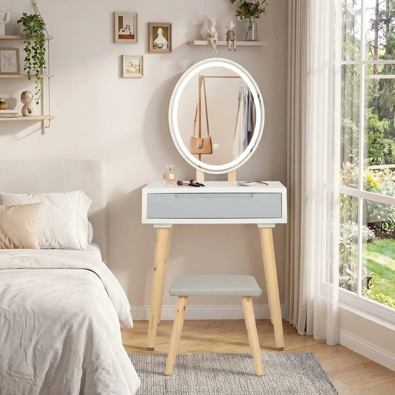 60cm Desktop Dressing Table With Led Lighted Mirror, Makeup Vanity Desk With Stool and Drawer, Beige/Blue