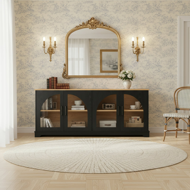 66.9"W Sideboard With French Style Semi-Arched Glass Doors, Black