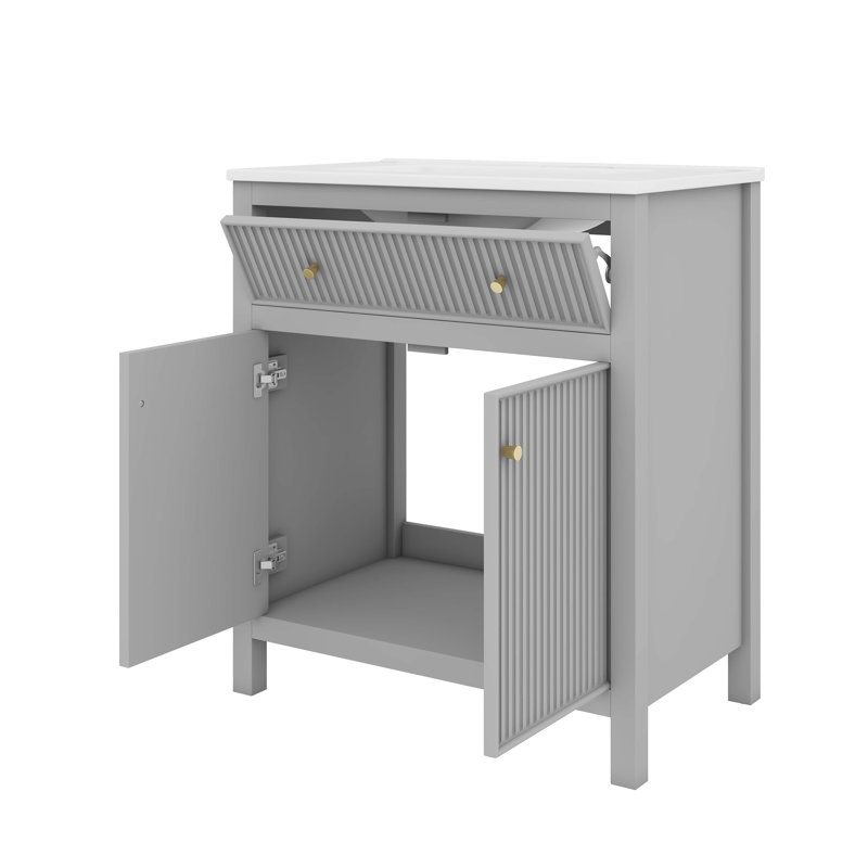 Meuble-lavabo de 30 po avec lavabo en céramique, meuble-lavabo simple autoportant avec portes à fermeture silencieuse, esthétique moderne