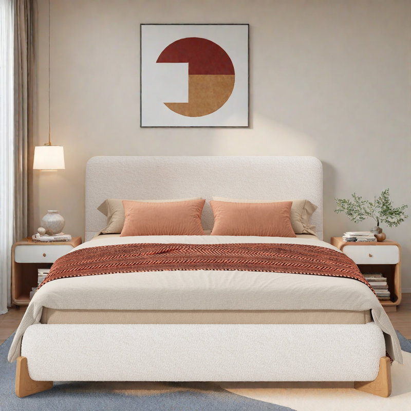 Lit élégant Bhodi avec pieds en bois et tissu confortable, Double