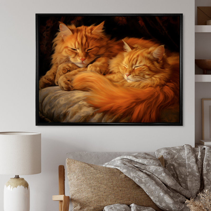 «Fluffy Orange Cats Sleeping Together I», reproduction, Cadre flottant noir, H 30 po x l 40 po x P 1,5 po