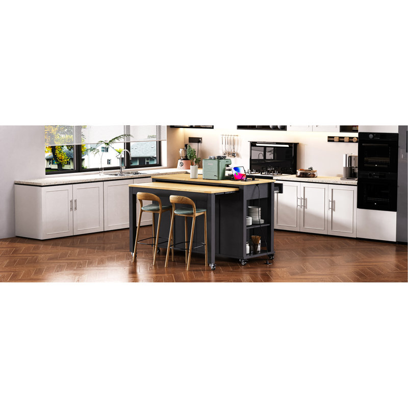 Îlot de cuisine avec table de salle à manger extensible, support de rangement interne, prise de courant, 2 tiroirs, 2 armoires et tablettes ouvertes