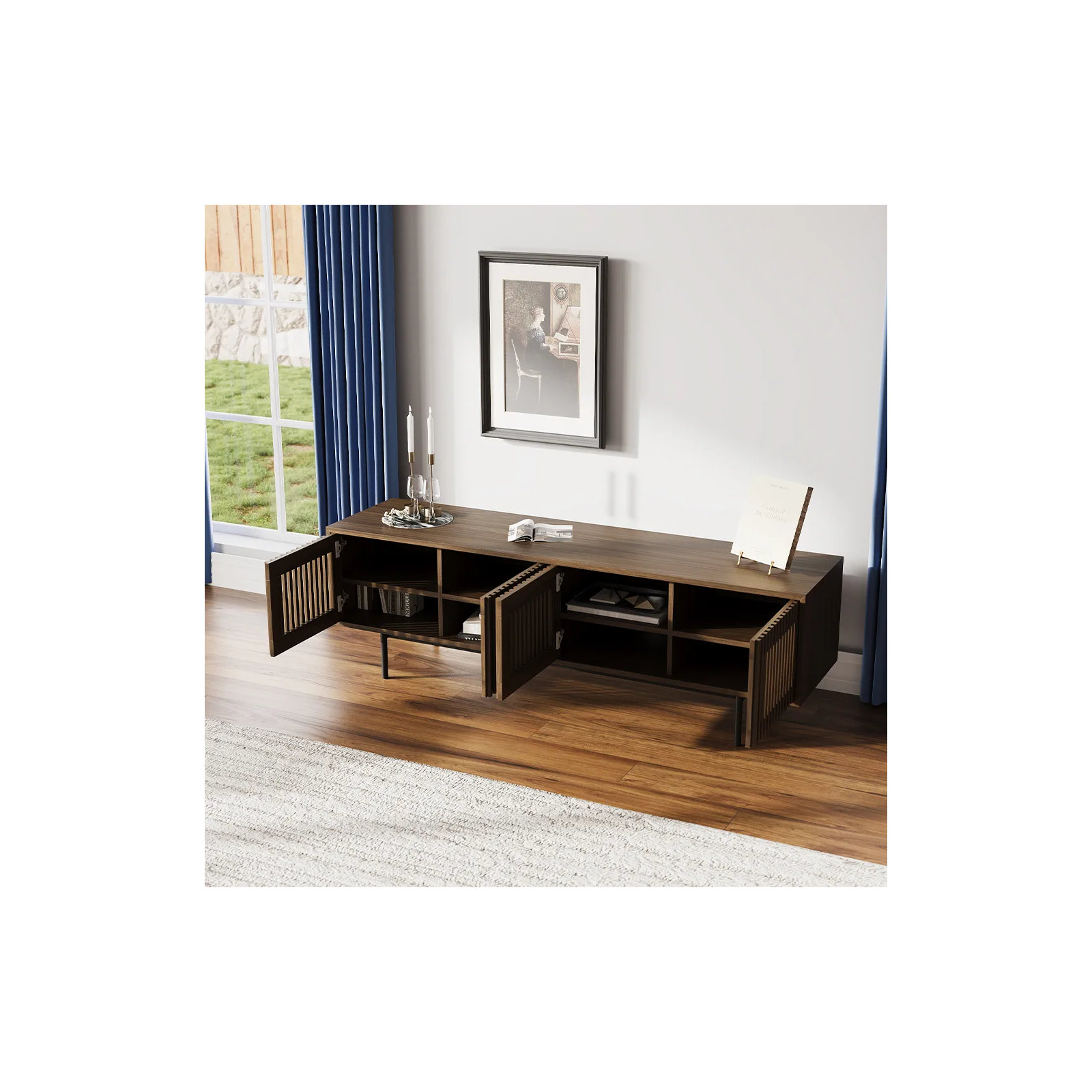 Daila Media Console, 21.26" H x 71" W x 18.89" D, Walnut