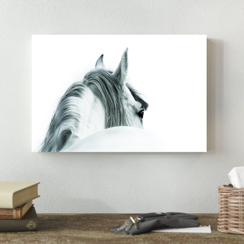 Cheval noir et blanc - Photographie sur toile tendue, H 12 po x l 18 po, Imprimé à cadre argenté, Oui