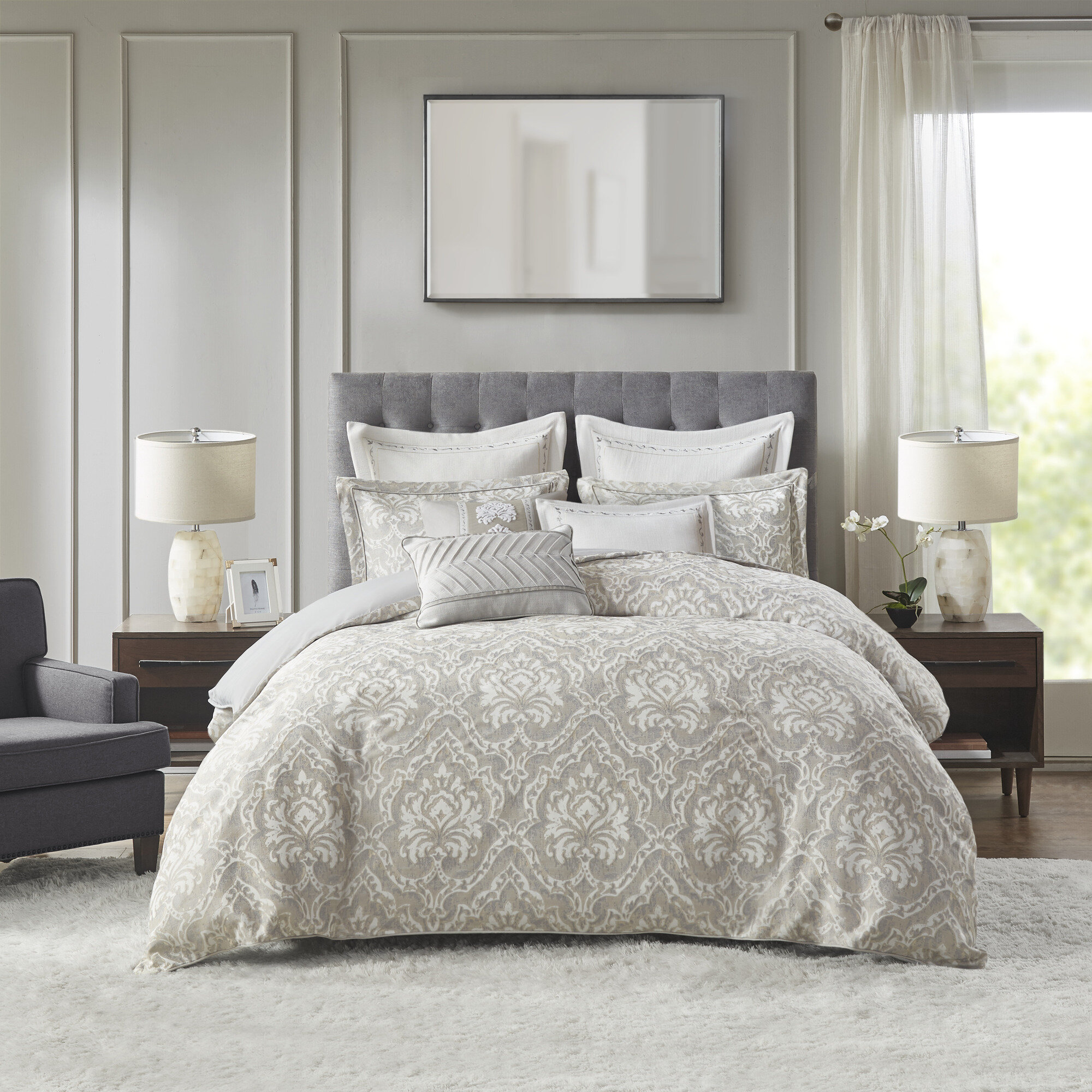 8pc Queen Essence Oversized Cotton Clipped Jacquard Comforter Set with Euro  Shams and Throw Pillows Bedding Set Gray - Madison Park