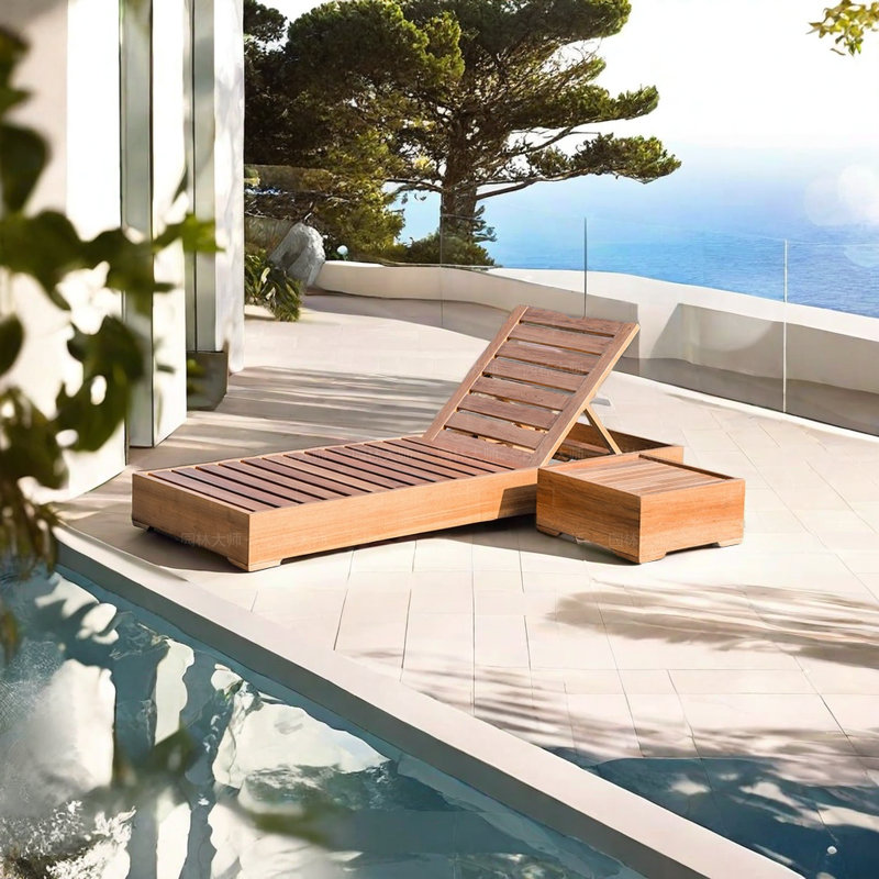 Outdoor Teak Wood Villa Pool Chaise Lounge Outdoor Wood Chaise Lounge Set with Table