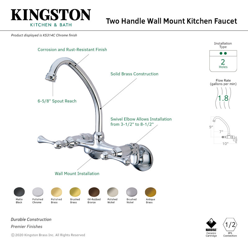 Kingston Brass Kingston Double-Handle 2-Hole Wall-Mount Bridge Kitchen Faucet, Polished Nickel
