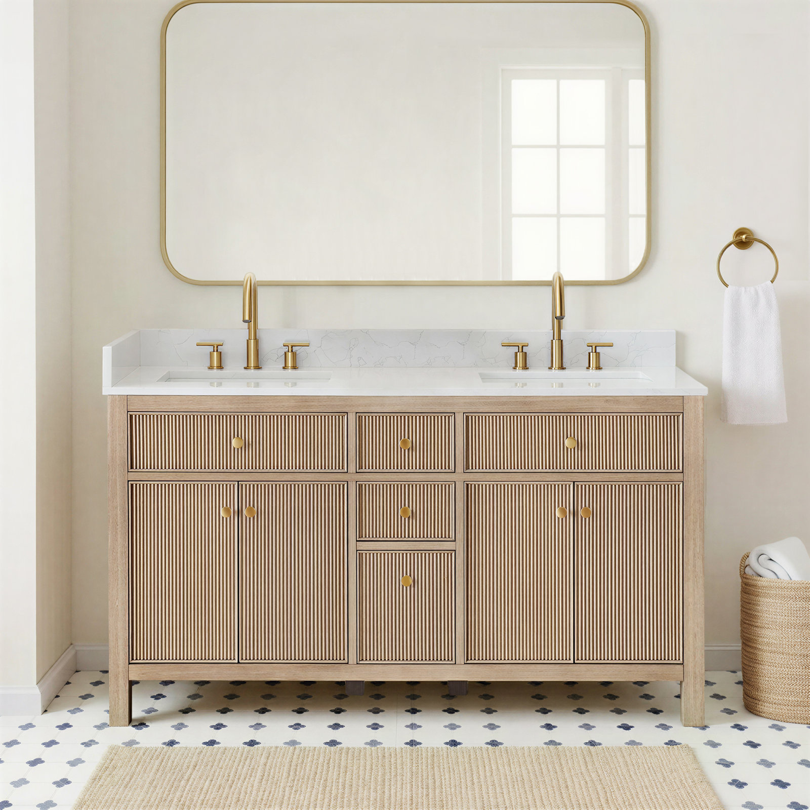 Lala 60" Double Bathroom Vanity with Grain White Engineered Stone Countertop without Mirror, Nature Oak
