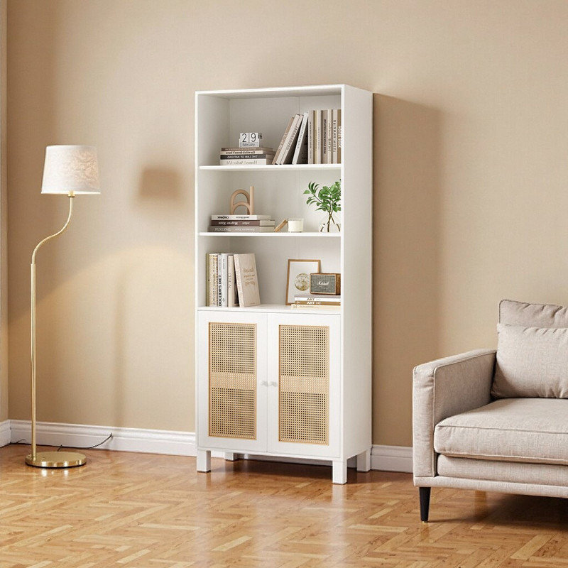 5-Shelf Bookcase with Rattan Doors / Storage Wood Shelves Large Bookshelf – Farmhouse & Coastal Style, White
